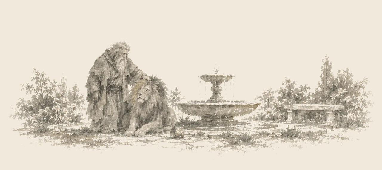The Nome King, with long white hair and beard, pats the Cowardly Lion's head beside a bubbling fountain and a stone bench.