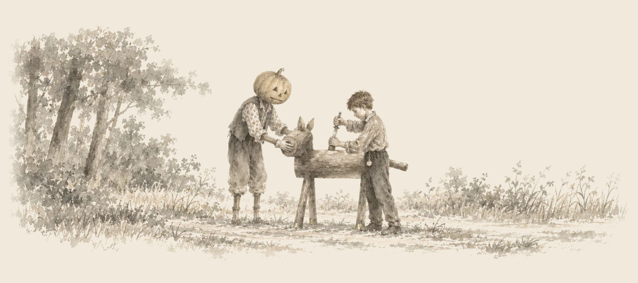 Jack Pumpkinhead holds the Sawhorse's head steady while Tip fits two small bark ears into it with a knife.