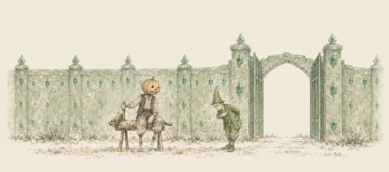 Jack Pumpkinhead sits on the Sawhorse before the emerald-studded wall of the Emerald City, as the Guardian of the Gates bends toward him by the open gateway.