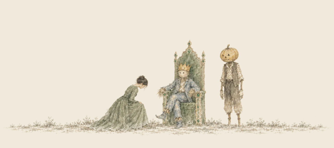 The Scarecrow sits crowned on a high-backed throne while Jellia Jamb bows before him and Jack Pumpkinhead stands beside her.
