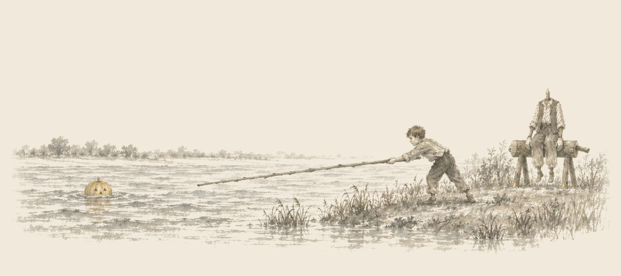 Tip pushes a long pole out over a river toward Jack's pumpkin head floating in the water, while Jack's headless body sits on the Sawhorse on the bank.