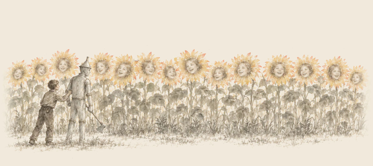 Tip and the Tin Woodman stand before a field of tall sunflowers, each with a laughing girl's face at its centre.