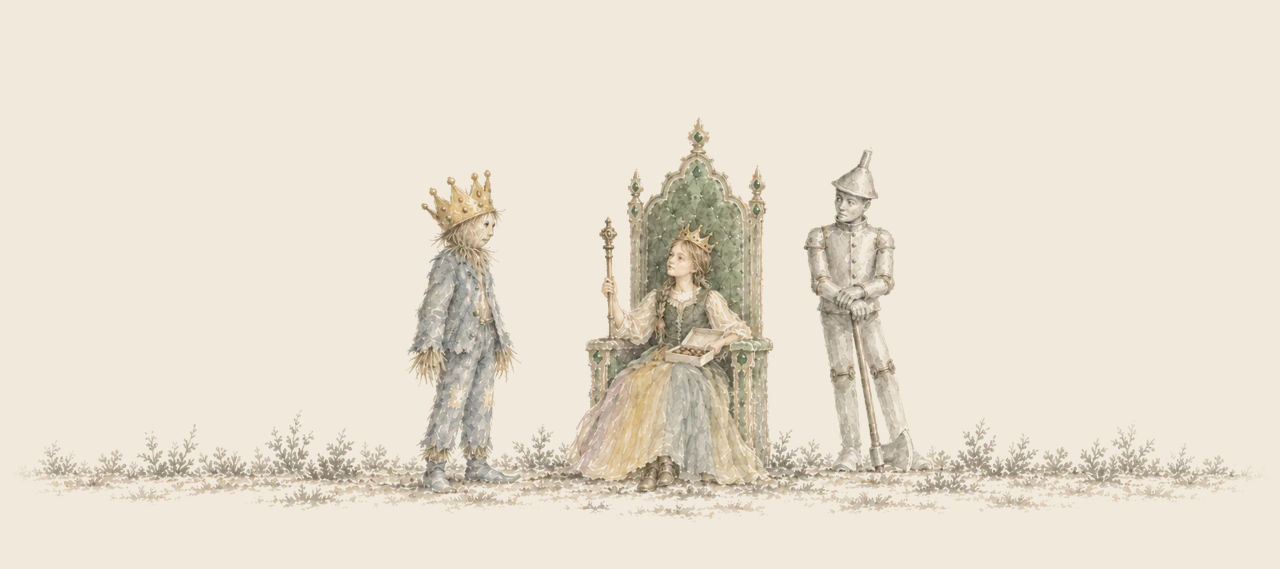 General Jinjur sits crowned on the throne with a sceptre and a box of caramels, while the Scarecrow and the Tin Woodman stand before her.