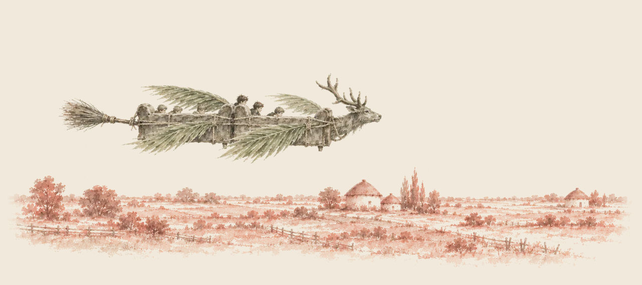 The Gump, a pair of sofas with palm-leaf wings, a broom tail and a stag's head, flies with its passengers over a country of red fields and round-roofed houses.