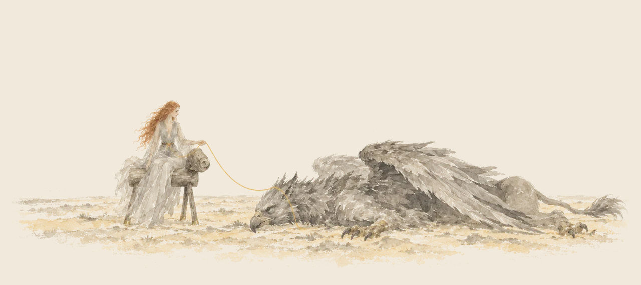 Glinda sits on the Sawhorse beside a huge Griffin lying exhausted on the desert sand, with a golden cord running to its head.