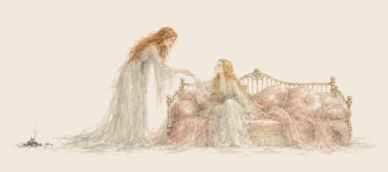 Glinda bends over a cushioned couch and takes the hand of the young Ozma, who sits up among the cushions; a small heap of ash smokes at the left.