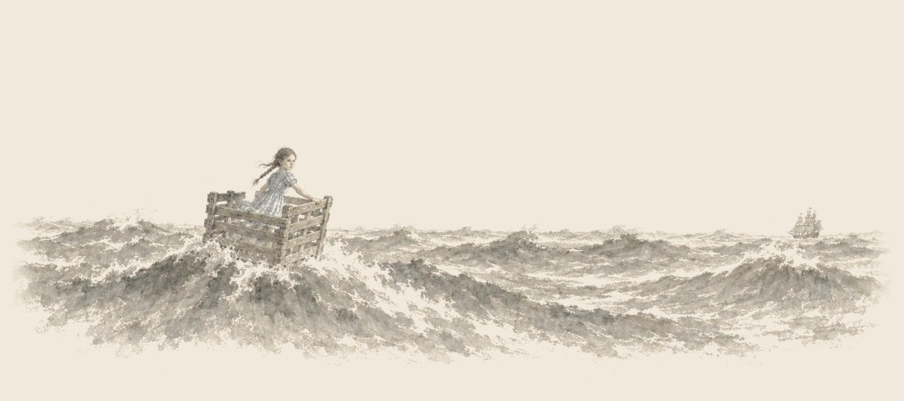 Dorothy stands in a wooden chicken coop tossed on rolling sea waves, gripping its slats; a tiny ship sails far off.