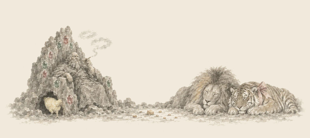 The Nome King smokes in his jewelled rock throne as Billina creeps into a hollow beneath it; the Cowardly Lion and the Hungry Tiger sleep nearby.