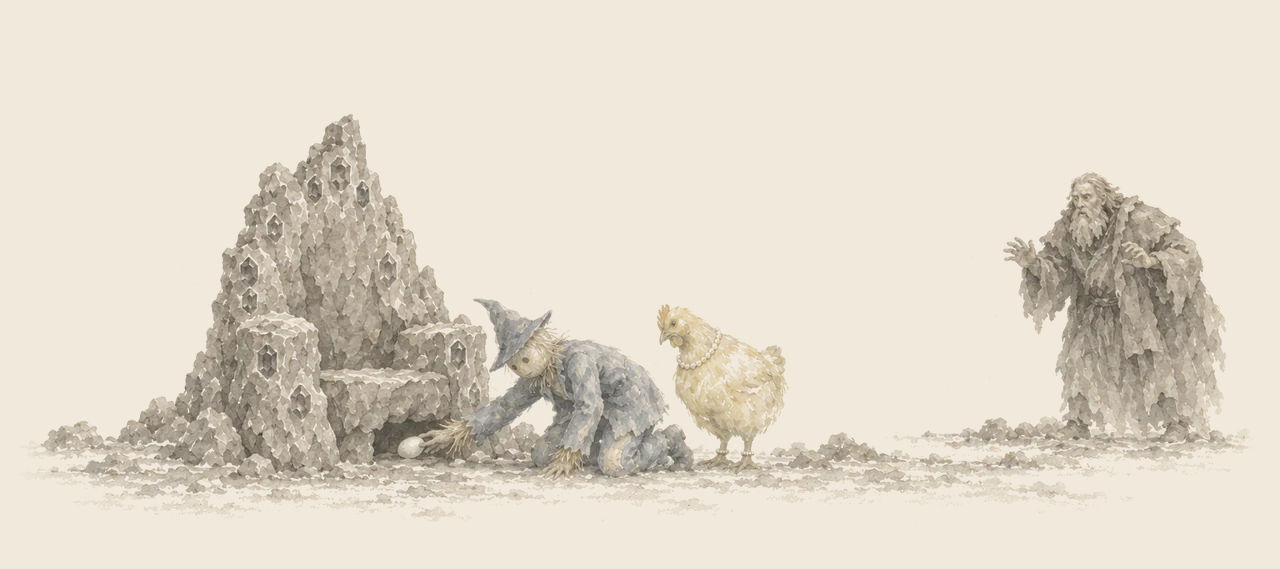 The Scarecrow kneels by the empty rock throne, reaching under it for a white egg, as Billina watches and the Nome King recoils at the far right.