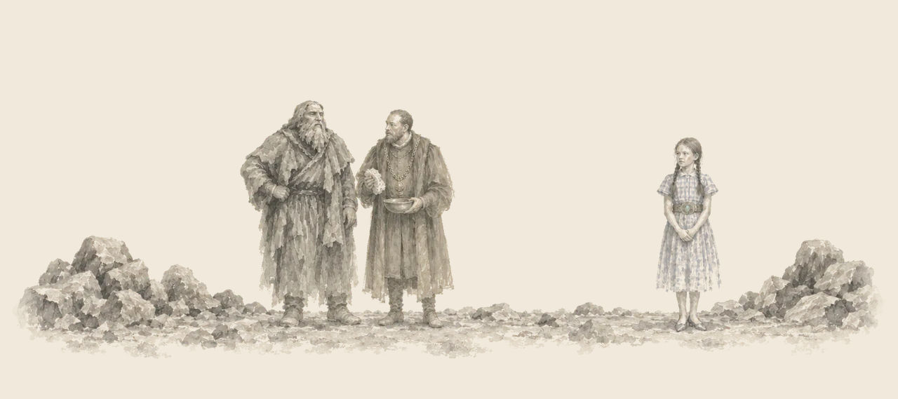 The Nome King and his Chief Steward, who holds a bowl, stand on a rocky floor, apart from Dorothy, who waits quietly wearing the magic belt.