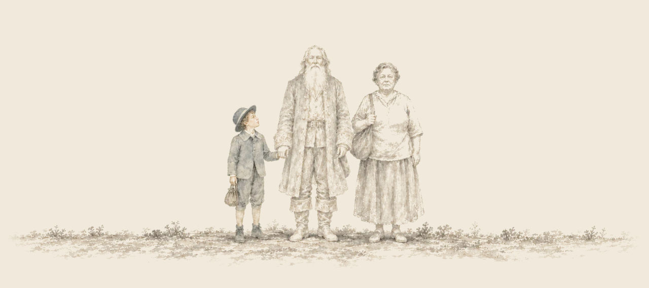 Ojo holds the hand of Unc Nunkie, who stands stiff with a long marble beard, beside Margolotte, also turned to marble.