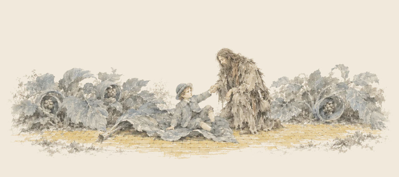 Ojo sits on the yellow brick road among great broad-leaved plants, a fallen leaf beneath him, while the ragged Shaggy Man takes his hand.
