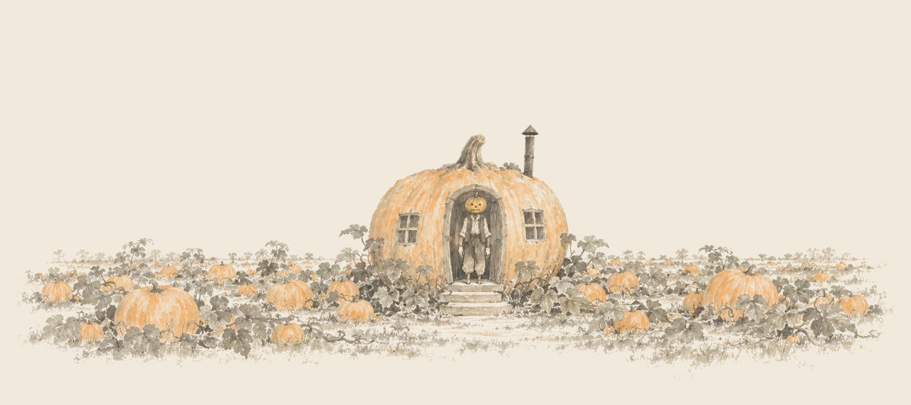 Jack Pumpkinhead stands in the doorway of a house made from one huge pumpkin, in a wide field of vines and pumpkins.