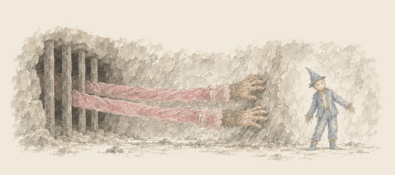 The giant Mister Yoop thrusts his long pink-sleeved arms between iron bars in a rock wall and reaches along the passage toward the Scarecrow.