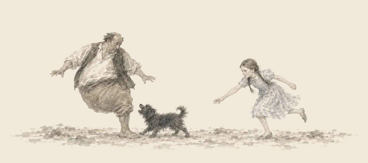 Hip Hopper, a fat man balanced on one leg, looks down in alarm at Toto, who barks at him, while Dorothy runs toward them.