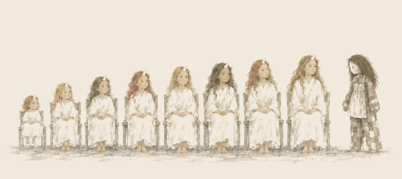 Eight Horner girls, each with a small horn on her forehead, sit in white robes on chairs from smallest to tallest, and the Patchwork Girl faces them.