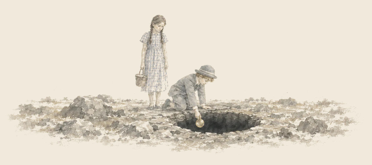 Ojo kneels at the edge of the Dark Well in a rocky cave, reaching down with a gold flask, while Dorothy stands behind him with a basket.
