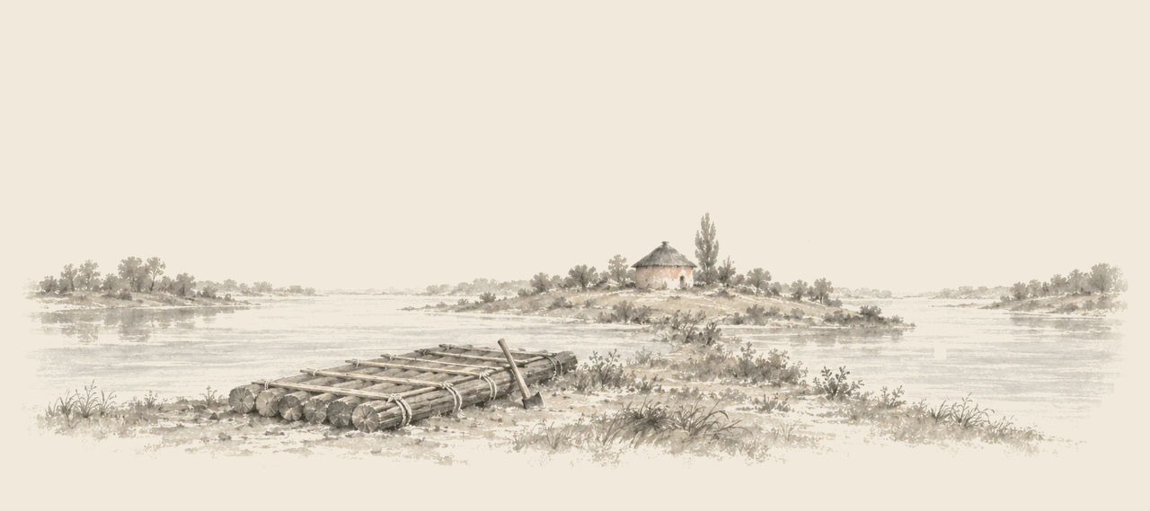 A new raft of bound logs lies on a river bank with an axe leaning against it, and a small round house stands further along the shore.