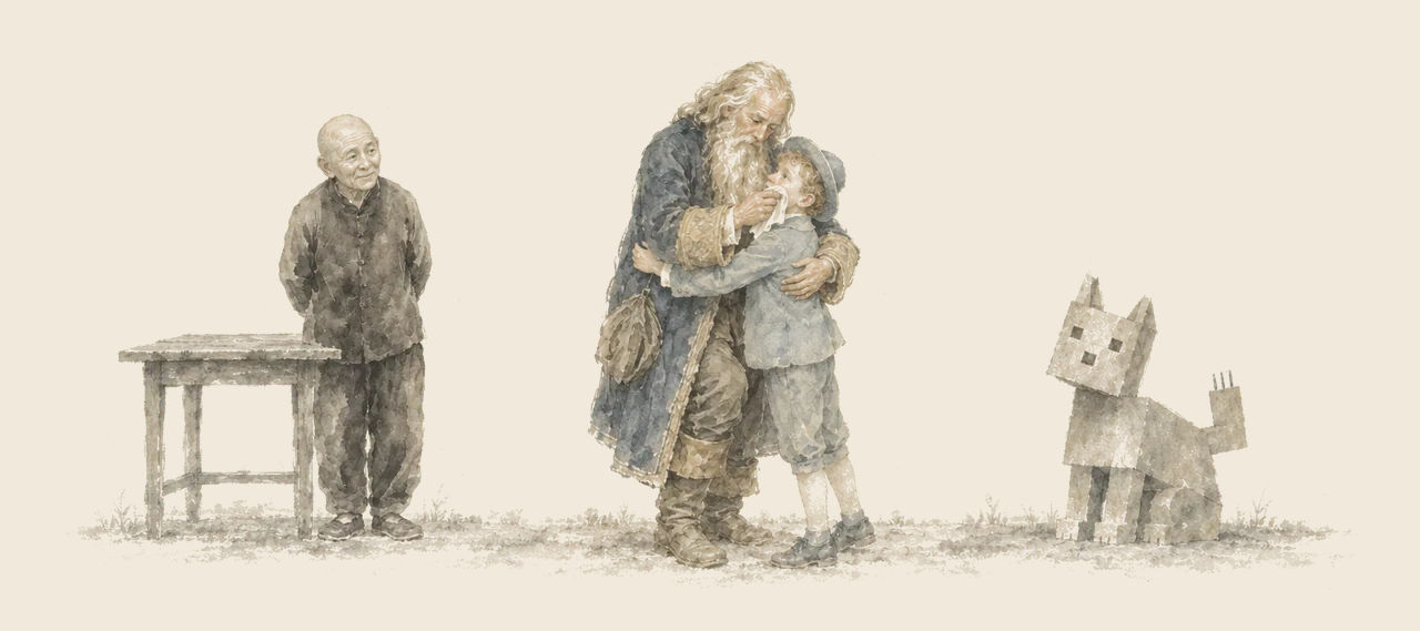 Unc Nunkie, alive again, hugs Ojo and wipes his tears, while the Wizard stands by a table on the left and the Woozy sits on the right.