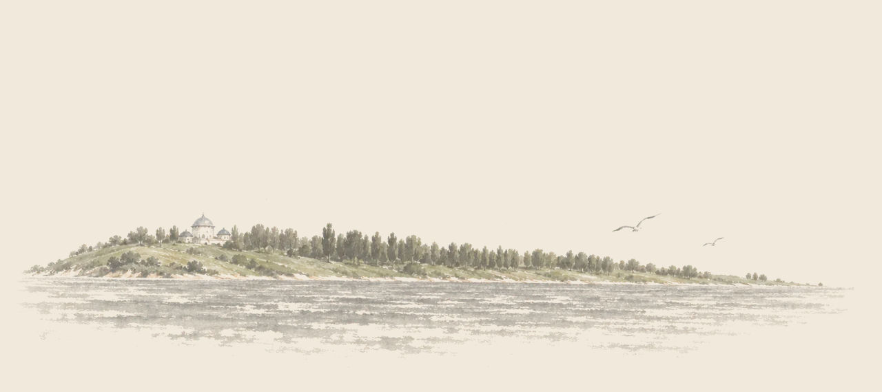 The long, low, green island of Pingaree lies on the sea, a grove of tall trees along its length and a white domed palace at the near end; gulls fly overhead.