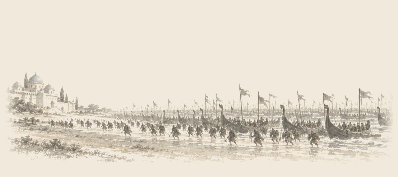 A great fleet of long boats with banners lies drawn up on a beach as fierce warriors spring ashore and run toward a white domed palace.