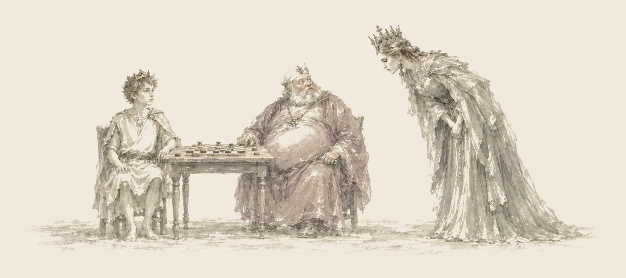 Prince Inga and King Rinkitink break off a game of checkers to look up at Queen Cor, who bows low to the boy beside the table.