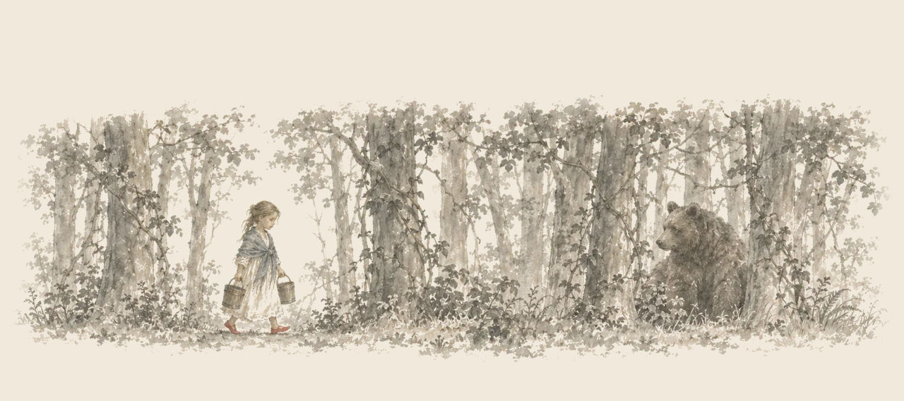 Zella, wearing red pointed shoes and carrying a pail of honey in each hand, walks through a vine-hung forest while a brown bear sits watching.