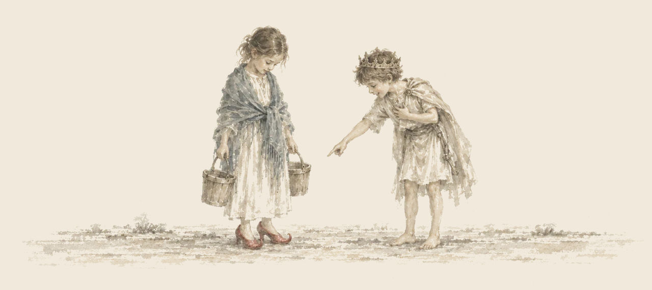 Zella, a pail of honey in each hand, looks down at her red pointed shoes while Prince Inga bends toward her and points at them.