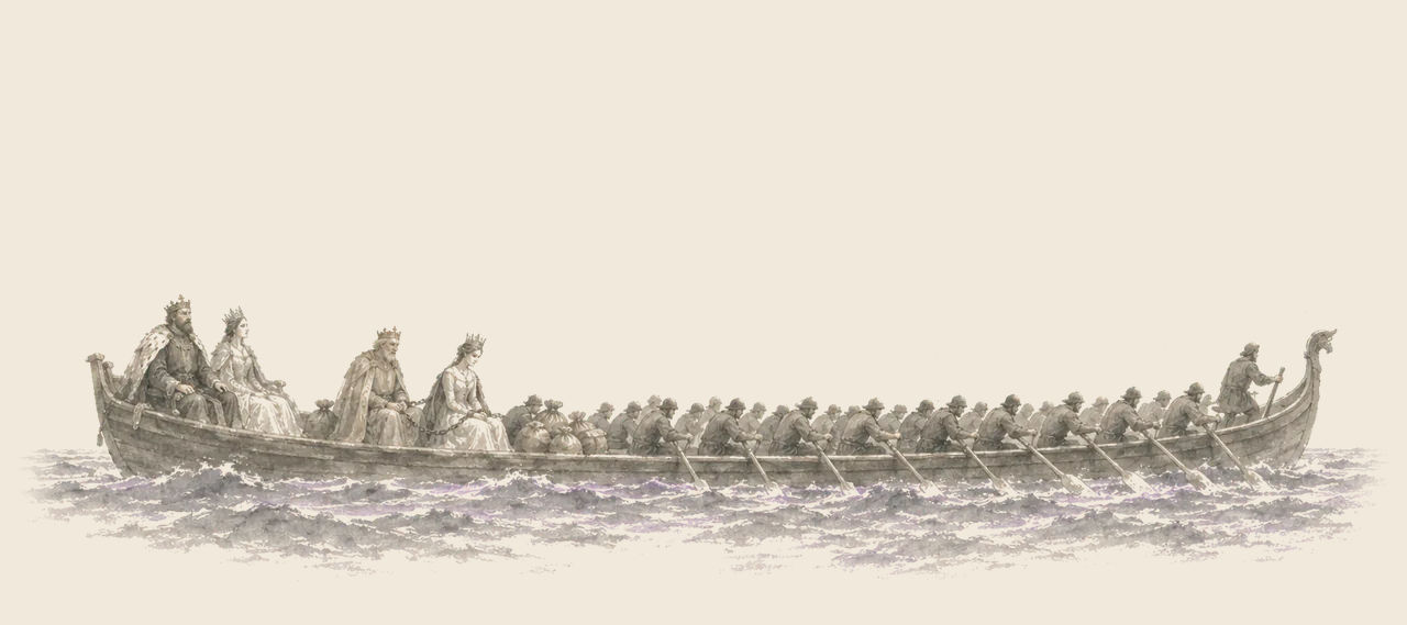 A long boat with many oarsmen crosses open sea carrying King Gos and Queen Cor, the chained King Kitticut and Queen Garee, and bags of treasure.