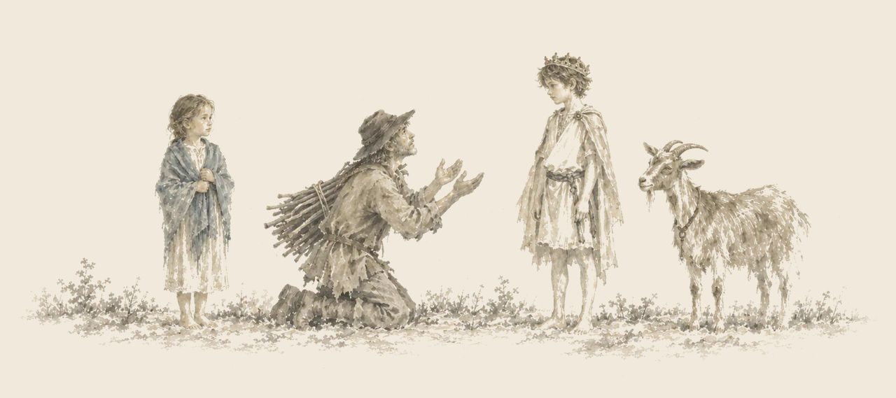 The charcoal-burner kneels before Prince Inga with his hands raised, a bundle of sticks on his back, while Zella and Bilbil look on.