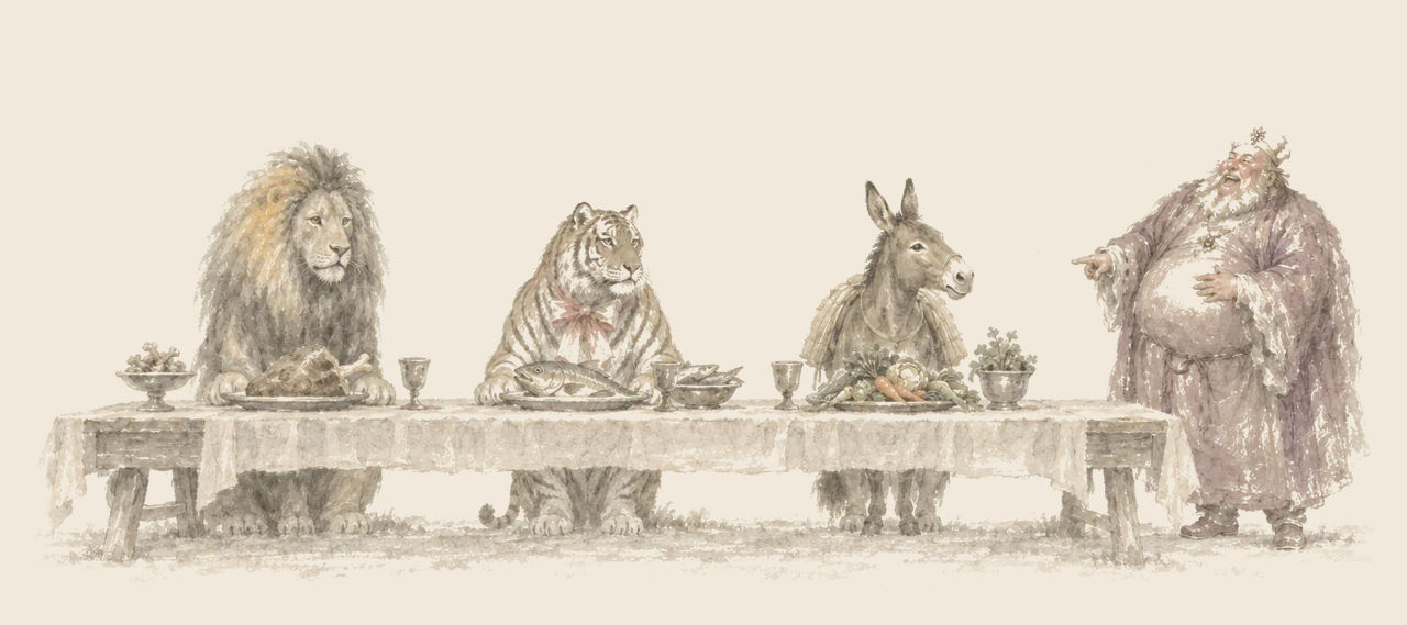 The Cowardly Lion, the Hungry Tiger and Hank the mule sit at a banquet table with their food as King Rinkitink stands laughing and pointing at the mule.