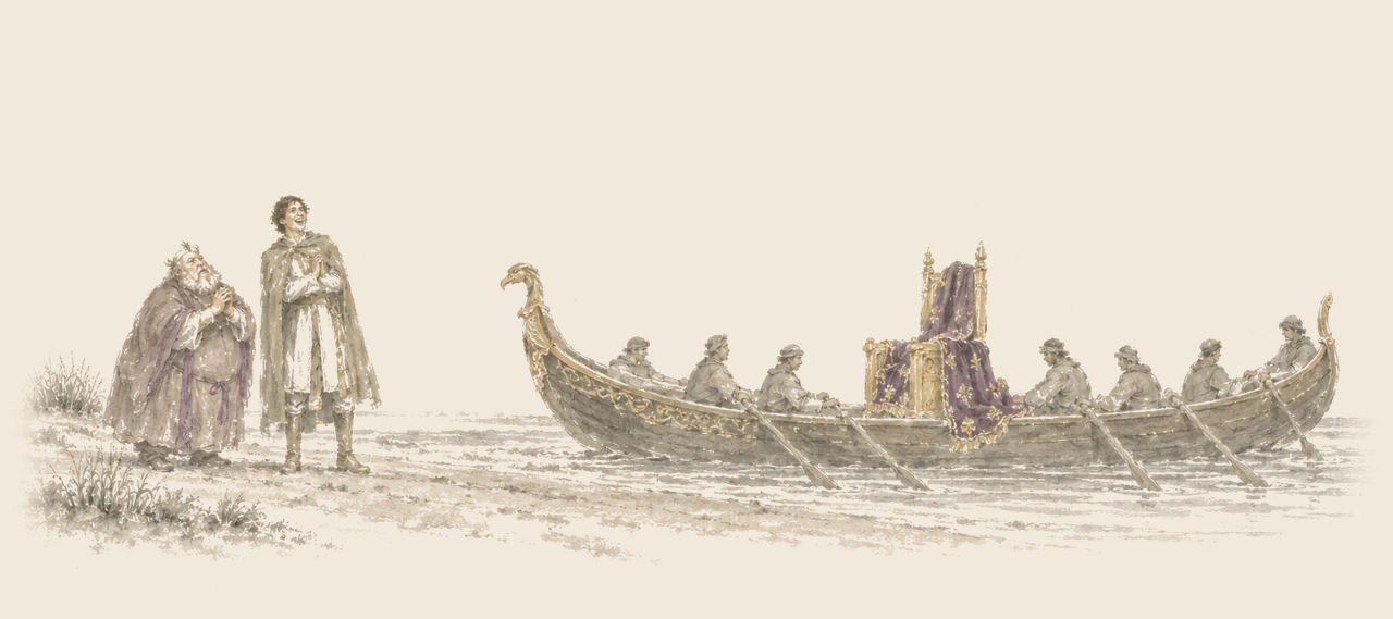 King Rinkitink clasps his hands in dismay beside the laughing Prince Bobo, looking at an empty golden throne draped in purple in a rowed boat.