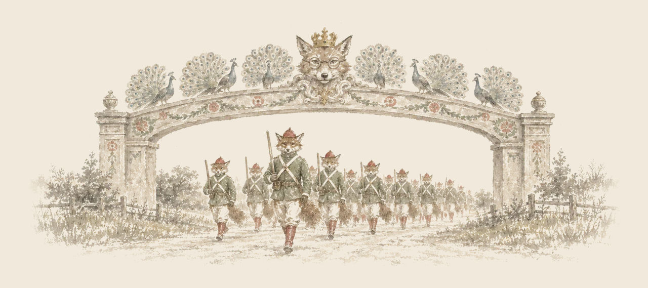 A company of fox soldiers in green jackets and red caps marches out through a stone arch topped with peacocks and a crowned, spectacled fox's head.