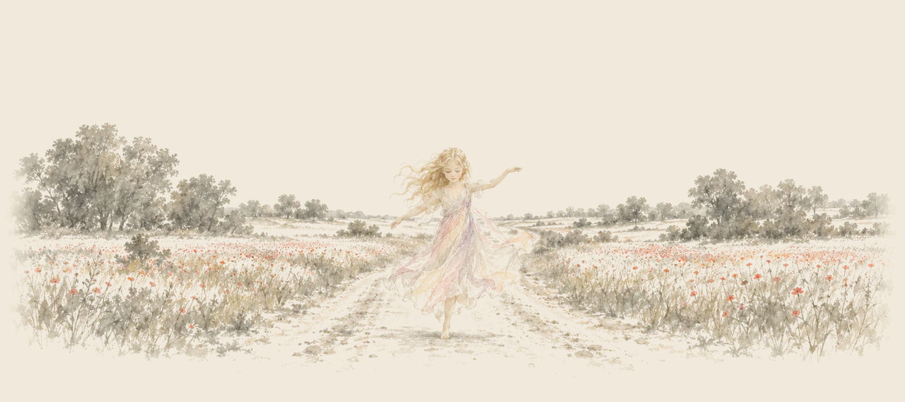 Polychrome, the Rainbow's Daughter, dances alone in the middle of a country road with her hair and thin robes floating, between fields of wildflowers.