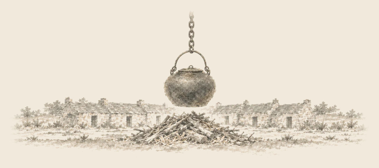 A huge iron kettle hangs on a chain above a heap of kindling, with rows of low stone houses behind it.