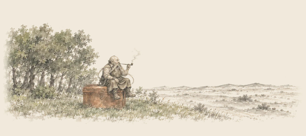 Johnny Dooit sits on a copper chest at the edge of a line of trees, smoking a long pipe and looking out over a grey desert.