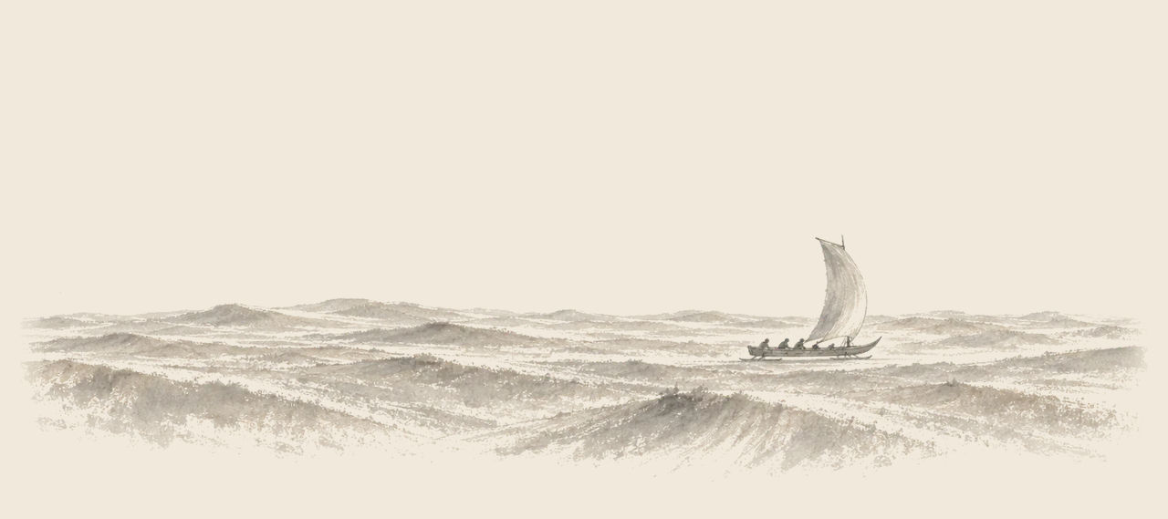 A sand-boat with a full sail carries a few small travellers across a wide desert of grey sand dunes.