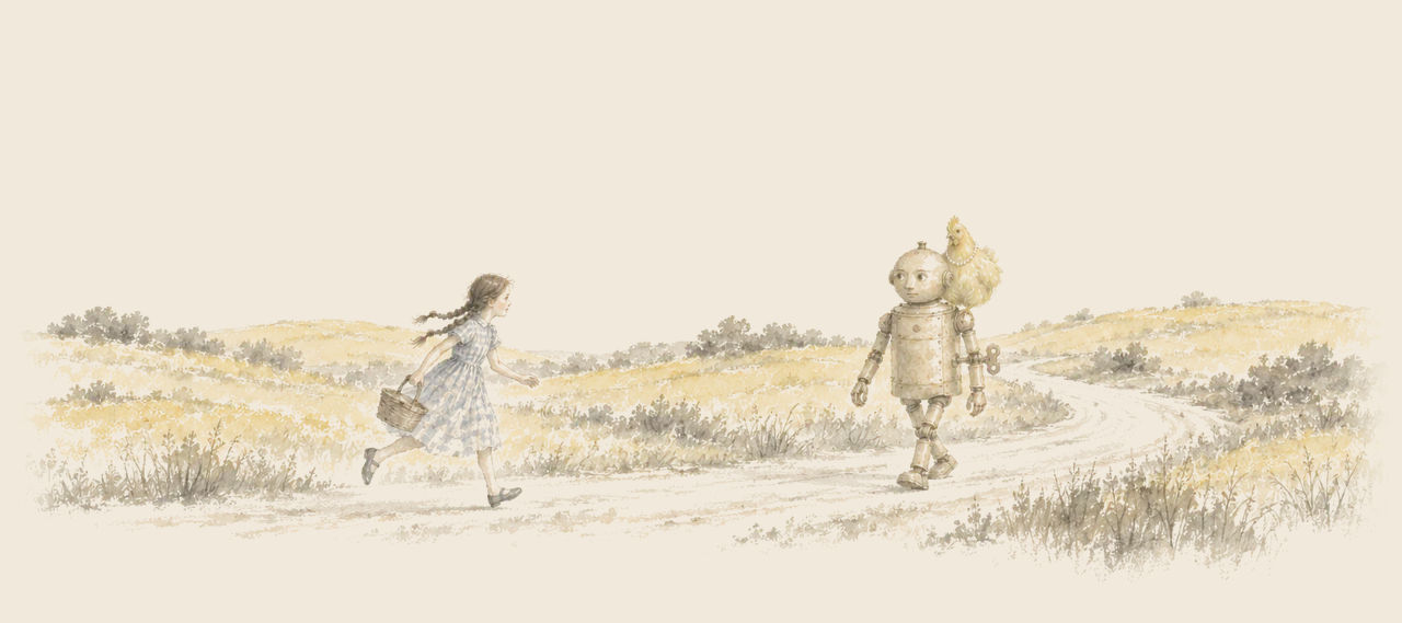 Dorothy runs along a winding road between yellow hills toward Tik-Tok, a round copper man who walks toward her with Billina the yellow hen on his shoulder.