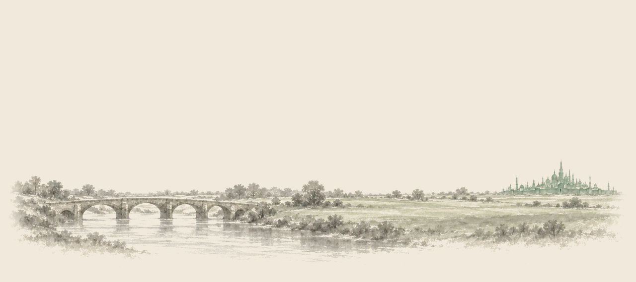 A stone bridge crosses a broad river, and a smooth green meadow runs on to the distant Emerald City, its green spires and domes small on the horizon.