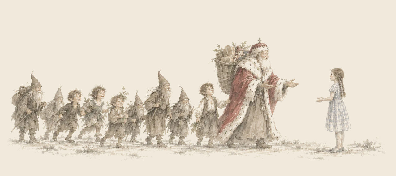 Santa Claus, with a basket of presents on his back, reaches out both hands to Dorothy, followed by a line of young Ryls and bearded Knooks in pointed hats.