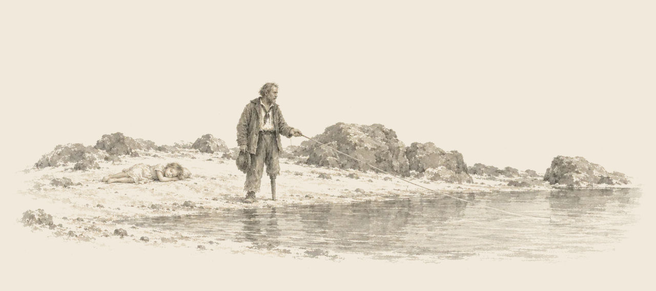 Cap'n Bill stands at the edge of a still pool paying out a fishing line, while Trot lies asleep on the sand among the rocks.