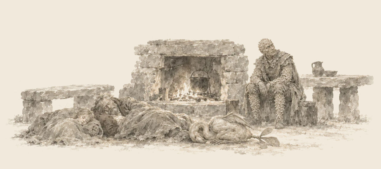 Trot and Cap'n Bill sleep in blankets by a stone fireplace with the Ork curled beside them, while the Bumpy Man sits awake listening.