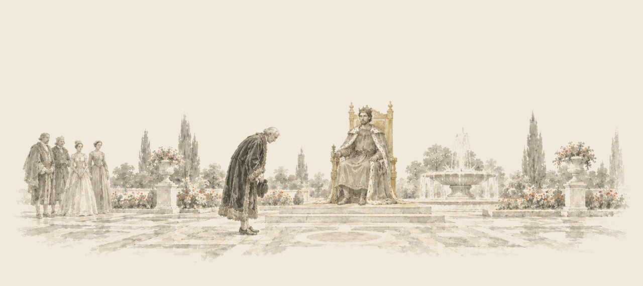 King Krewl sits on a high throne in a flower garden with a fountain while Googly-Goo bows before him and courtiers stand to one side.
