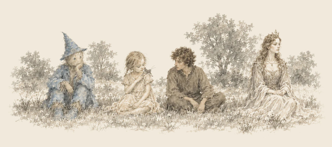 The Scarecrow, Trot with a grasshopper on her shoulder, Pon and Princess Gloria sit in a row on the grass, Gloria a little apart.