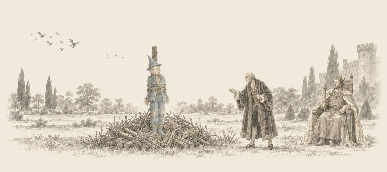 The Scarecrow is bound to a stake above a heap of sticks while Googly-Goo bows to King Krewl, who sits on a throne; Orks fly far off.