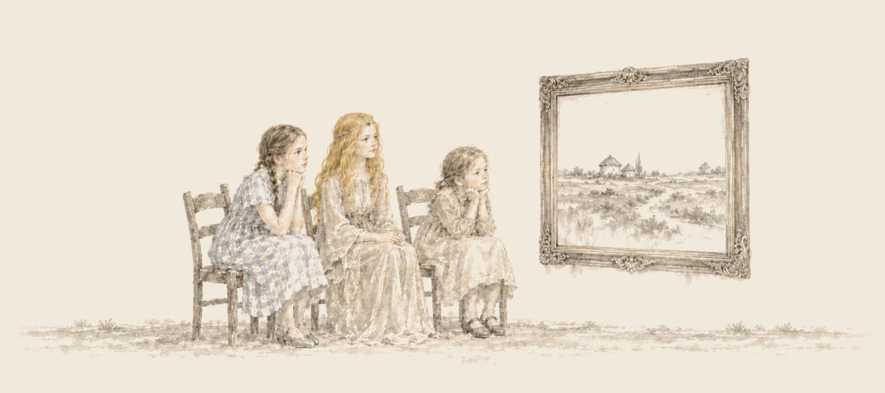 Dorothy, Ozma and Betsy sit side by side on chairs, chins on their hands, watching the Magic Picture in its frame show a far-off country.