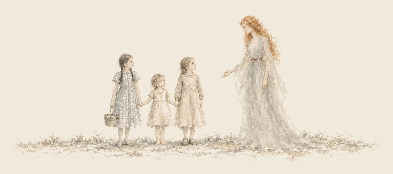 Glinda reaches out in welcome to Dorothy, Trot and Betsy, who stand hand in hand with Trot in the middle.