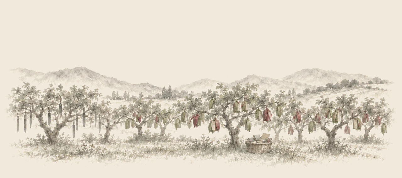 An orchard of low trees in a mountain valley bears books in green and red husks, with swords hanging from the trees at the left and a basket of books below.