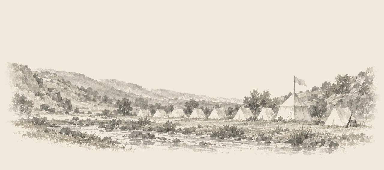 A row of small white tents and a larger pavilion with a flag stand beside a brook in a rocky valley, with a gun and knapsack at the last tent.