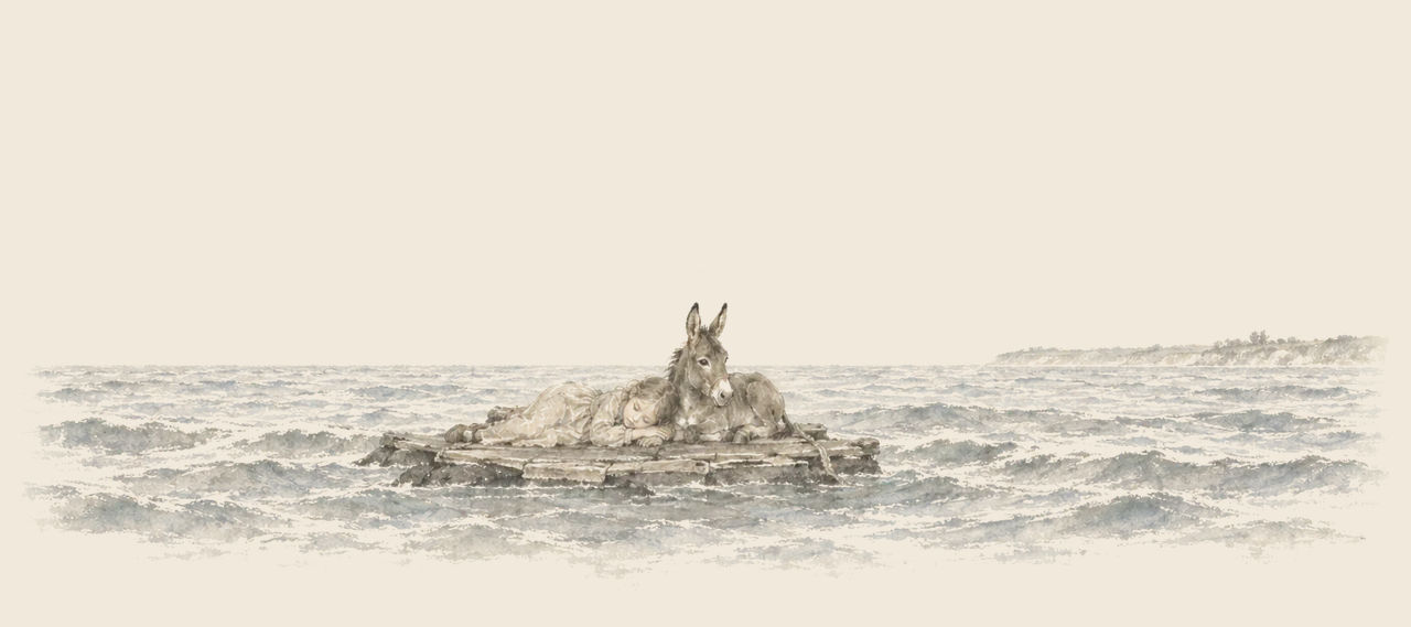 Betsy lies asleep on a torn hatch cover afloat on a calm sea, with Hank the Mule crouched awake beside her and a far shore on the horizon.